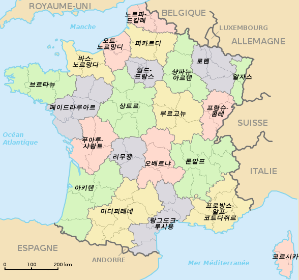 Carte des régions française en coréen. Carte des régions française en coréen
